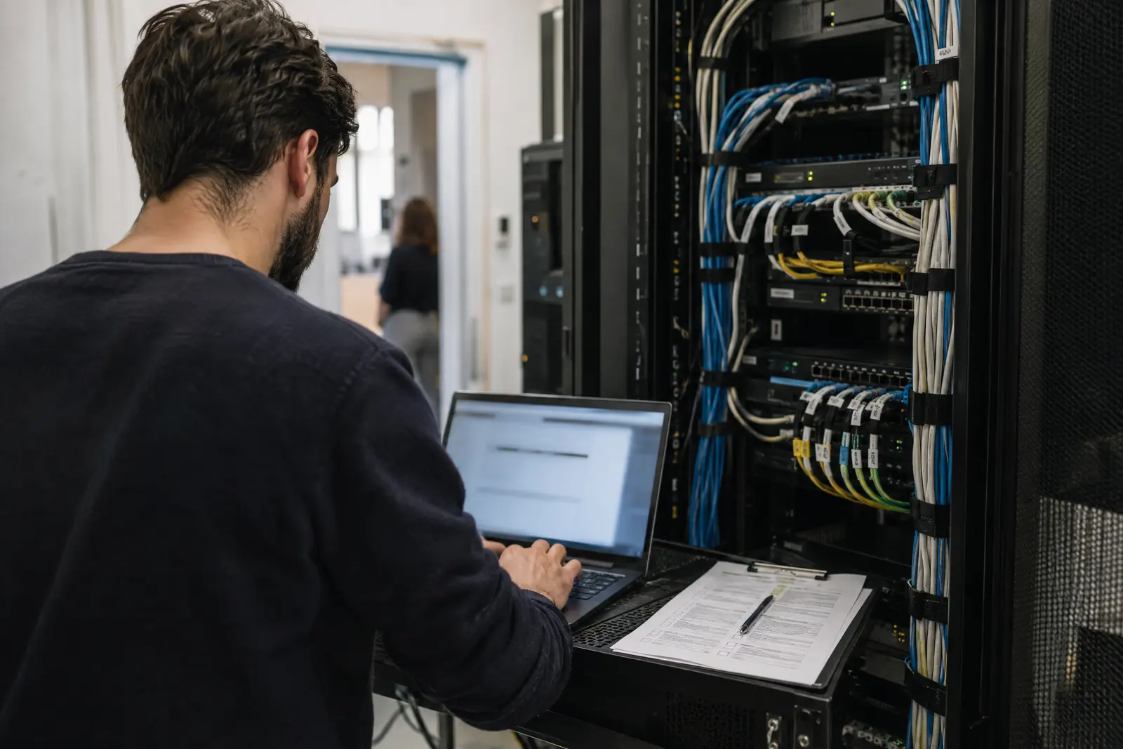 Consultant travaillant sur un portable devant une baie de serveurs