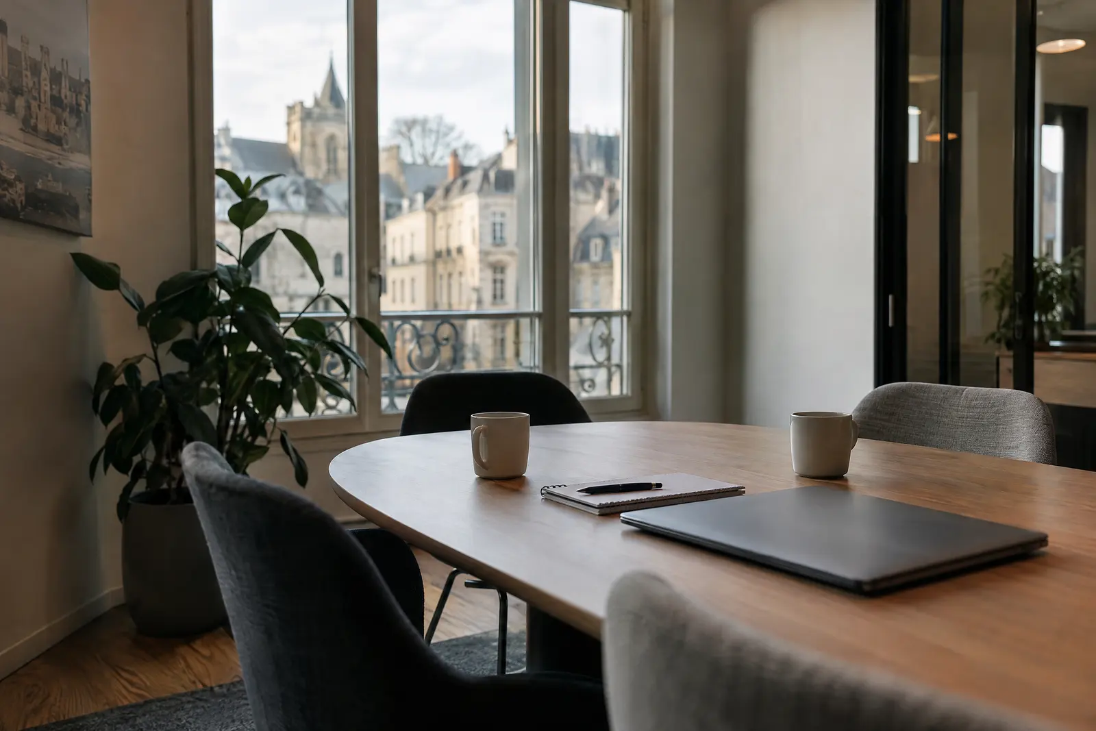 Salle de réunion prête pour un rendez-vous, vue sur des immeubles en pierre