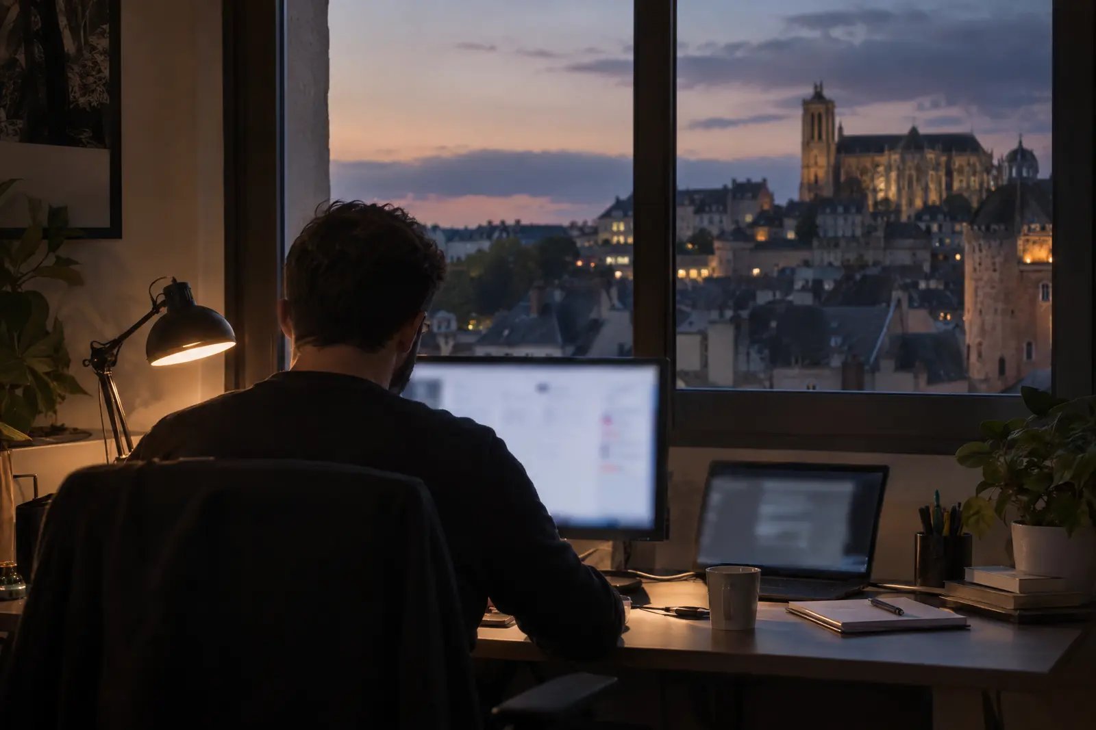 Poste de travail en soirée, vue sur les toits et la cathédrale du Mans