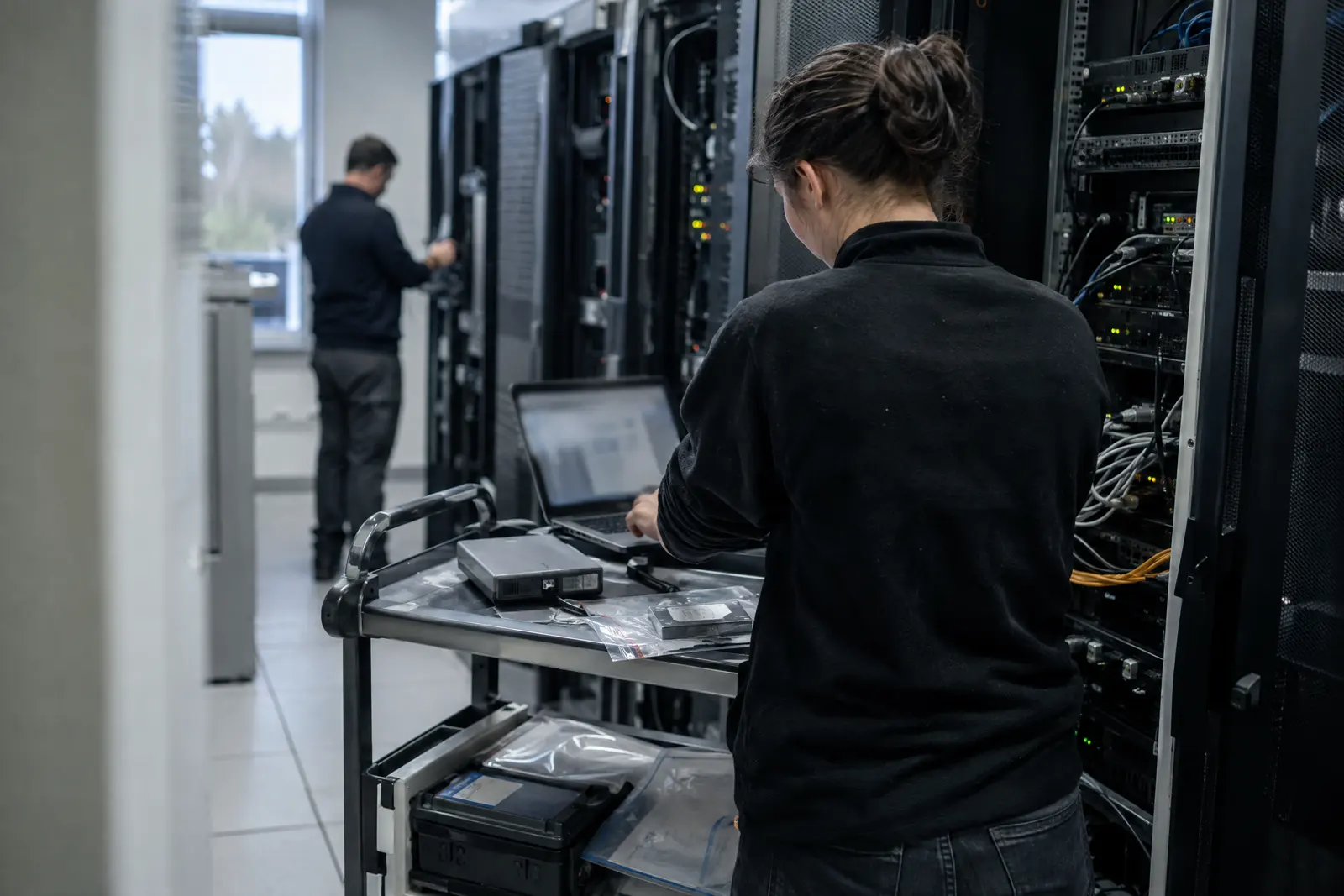 Intervenant connectant un équipement d'investigation dans une salle serveurs