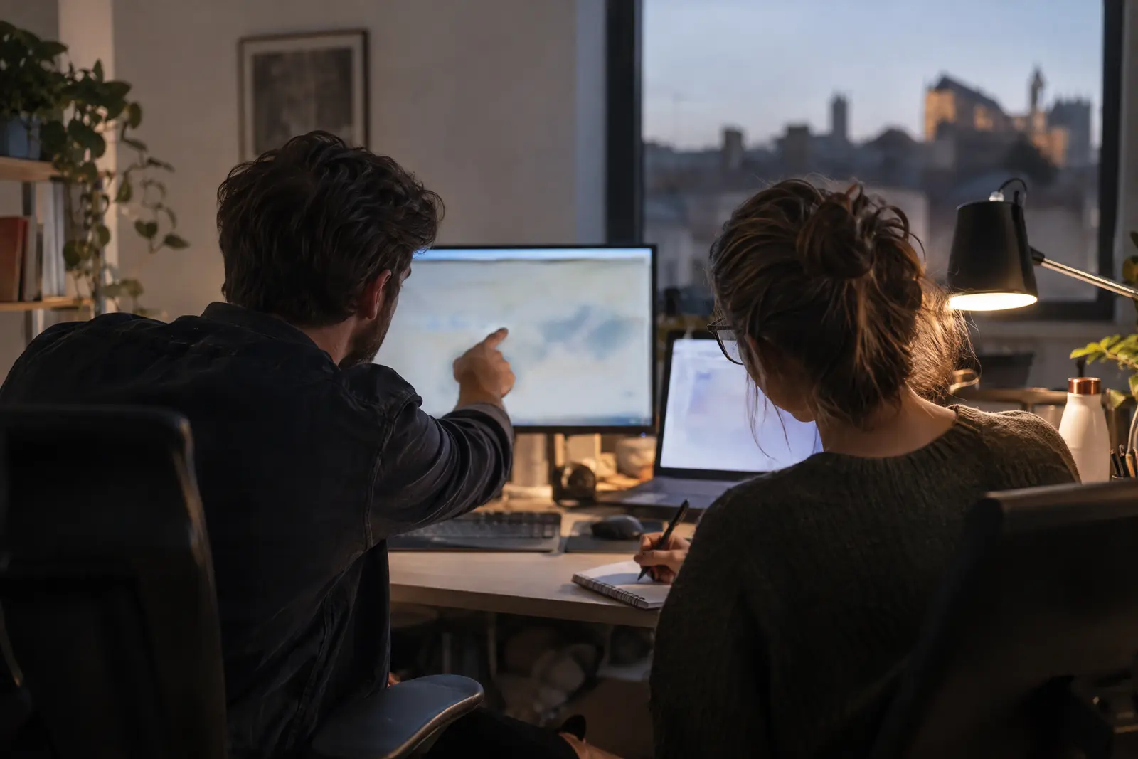 Deux ingénieurs sécurité partageant un poste de travail en fin de journée