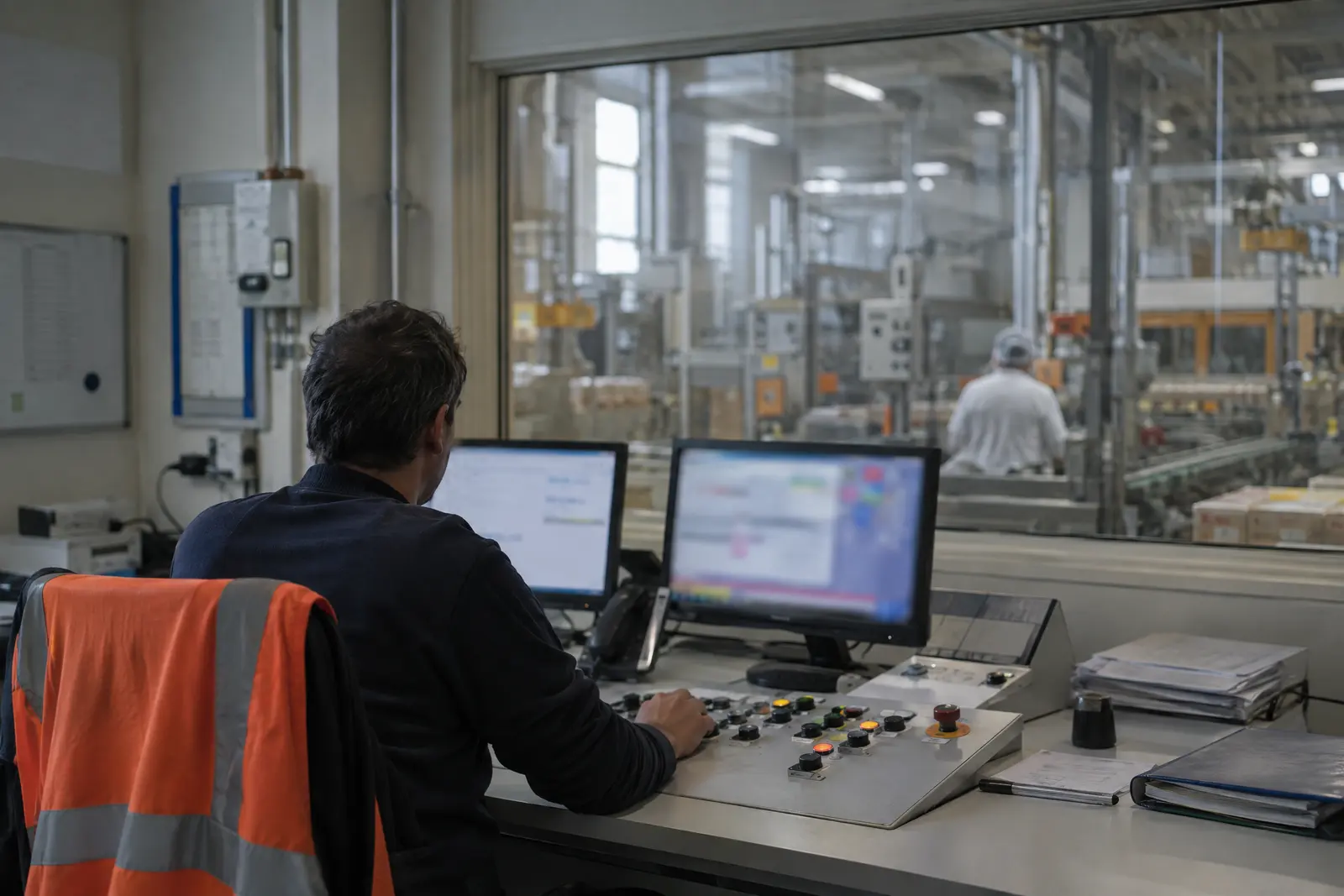 Pupitre de contrôle surplombant une ligne de production